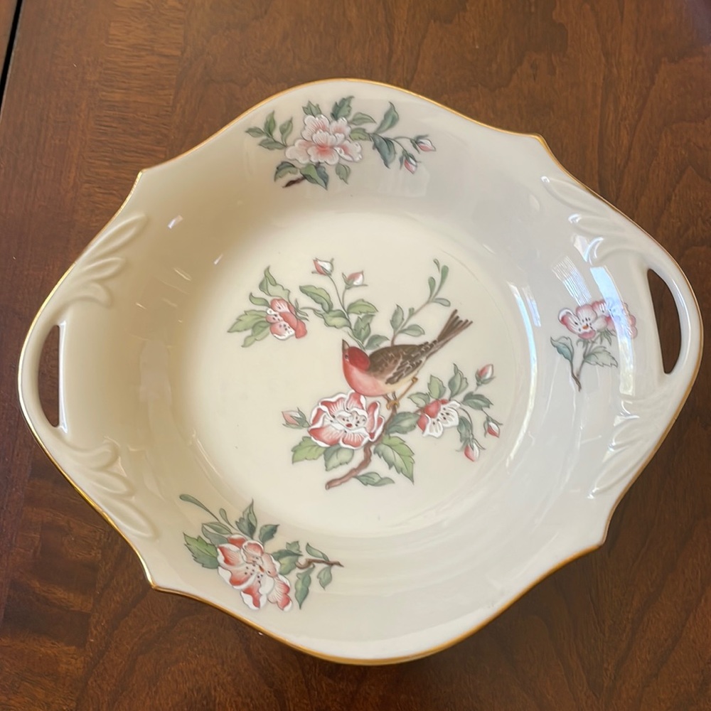Lenox Serenade Bowl Dish Bird Dogwood Spring Garden Flower Handle Gold Trim